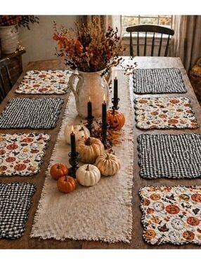 The Farmhouse Rachel Ashwell 8 Halloween Quilted Placemats Reversible Cotton